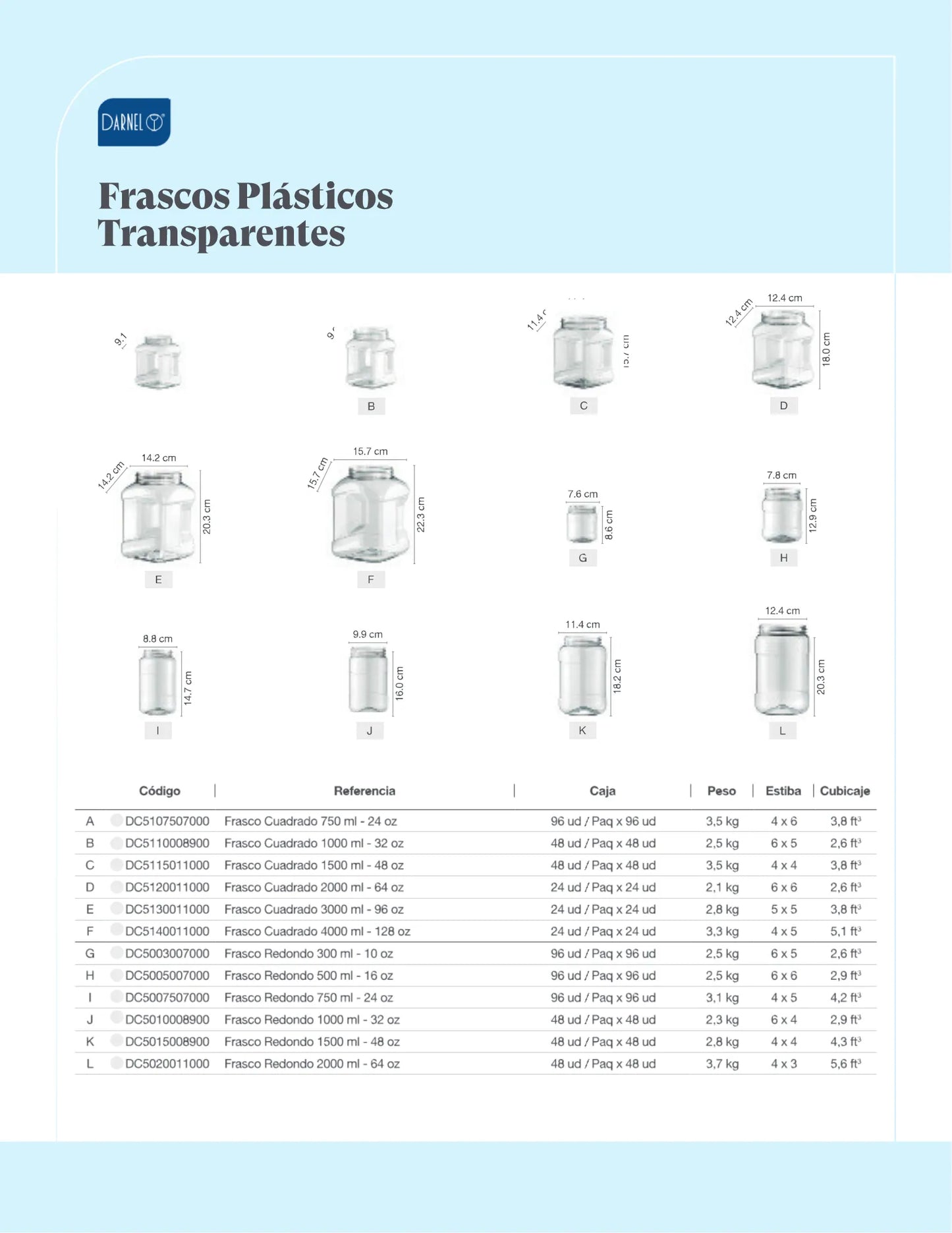 Frasco Tarro Plástico Pet Darnel Cuadrado De 3000ml Pack x 4 unids