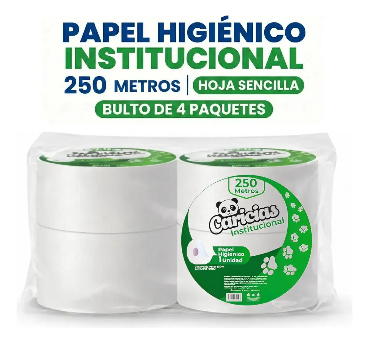 Papel Higiénico Jumbo Institucional Caricias 9 pulgadas 4x250m 1 hoja en propacaaos.com