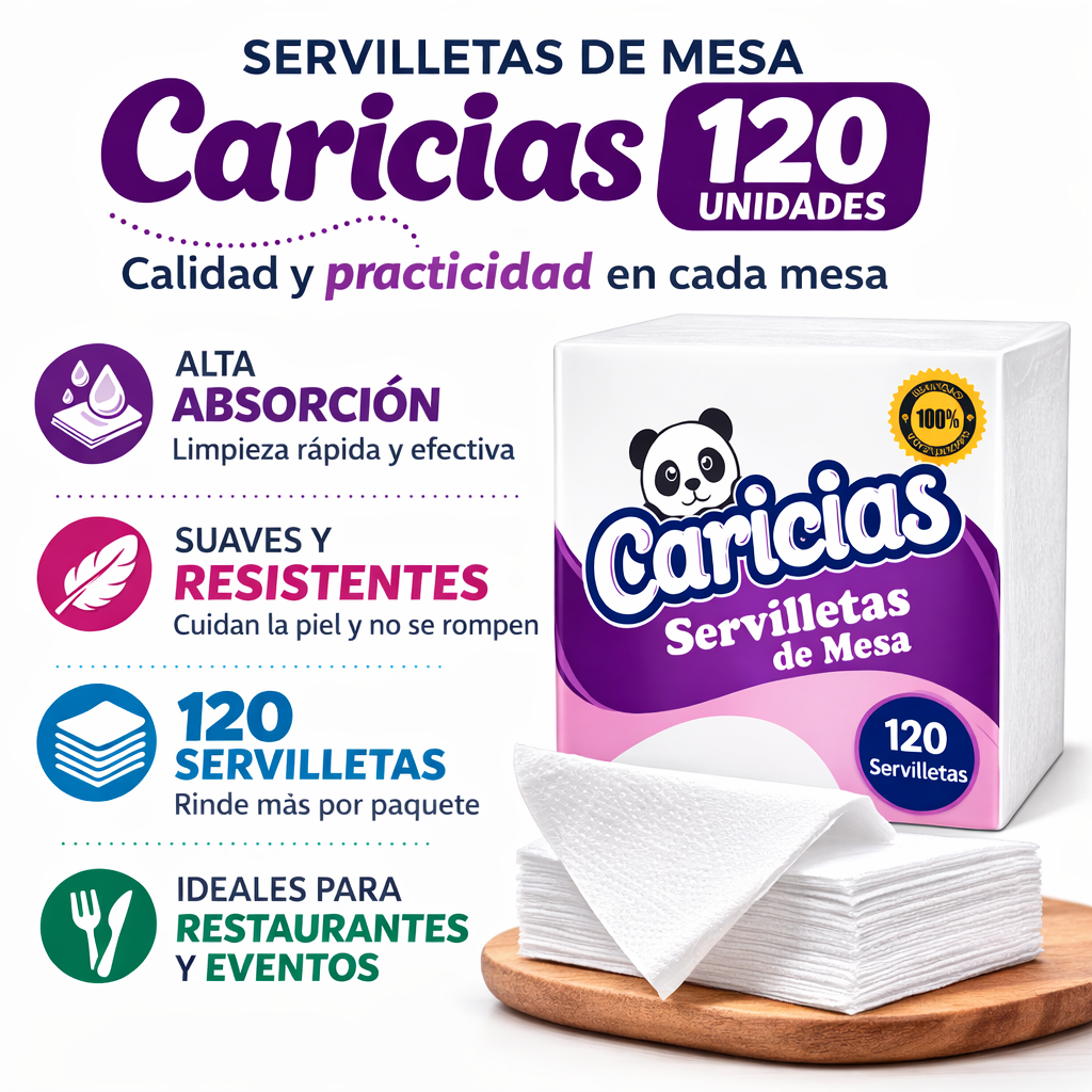 Detalle de empaque Servilletas Caricias 120 hojas en propacaaos.com